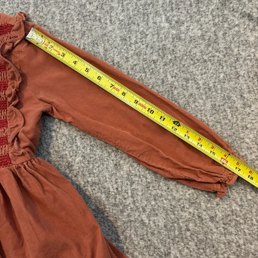 Maison Me Girls Dress Size 7 Rust Corduroy Smocked Long Sleeve Ruffle Cotton